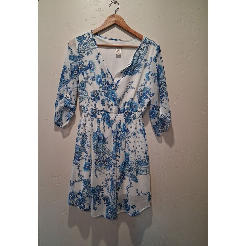 Enfocus Studio Wmn's Sz 10 Tunic Lined Dress Cuff Sleeve Blue White Floral Boho